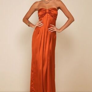 Memorable Entrance Rust Orange Strapless Satin Maxi Dress